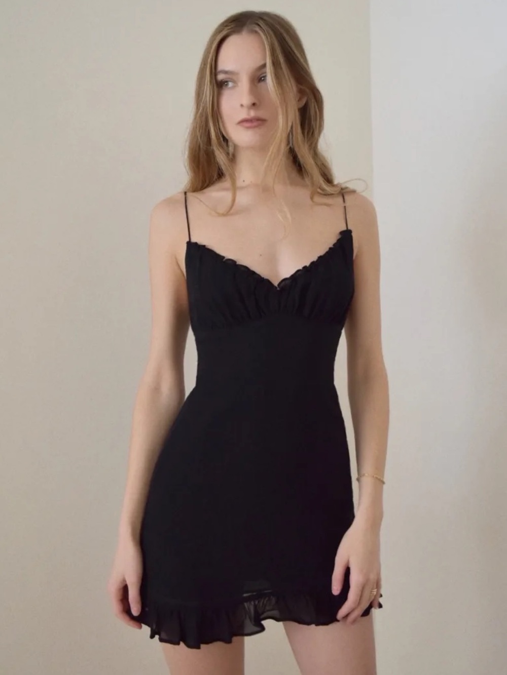 Reformation Black Spaghetti-Strap Ruffle Mini Dress